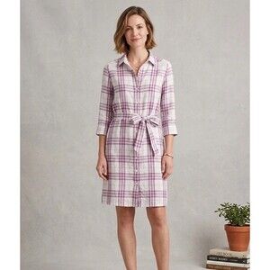 Burberry Vintage 100% Linen Purple Beige Checked Mini Shirt Dress Belted Size 6